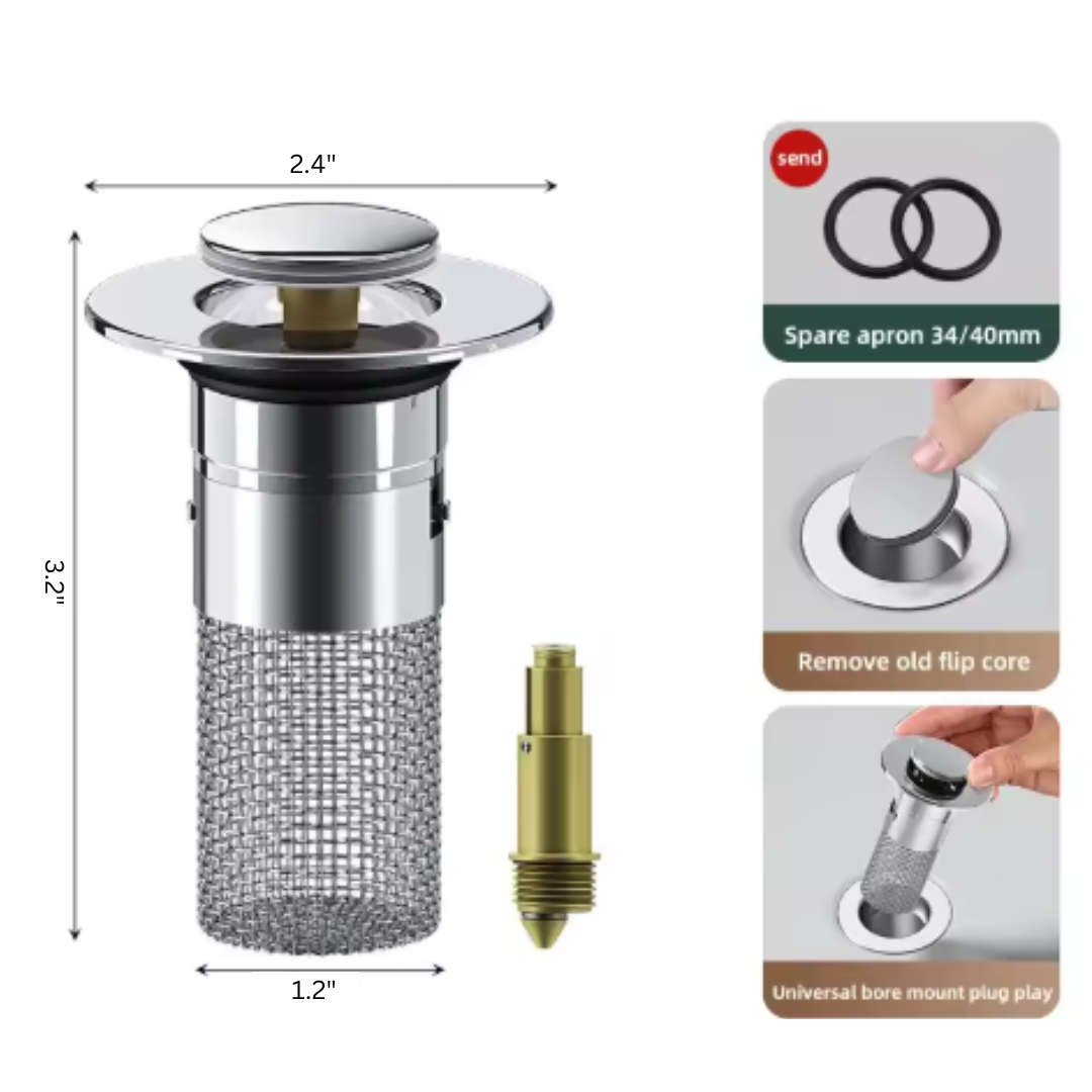 Pop-Up Washbasin Plug – Stainless Steel Hair Catcher Sink Strainer with Bouncing Core