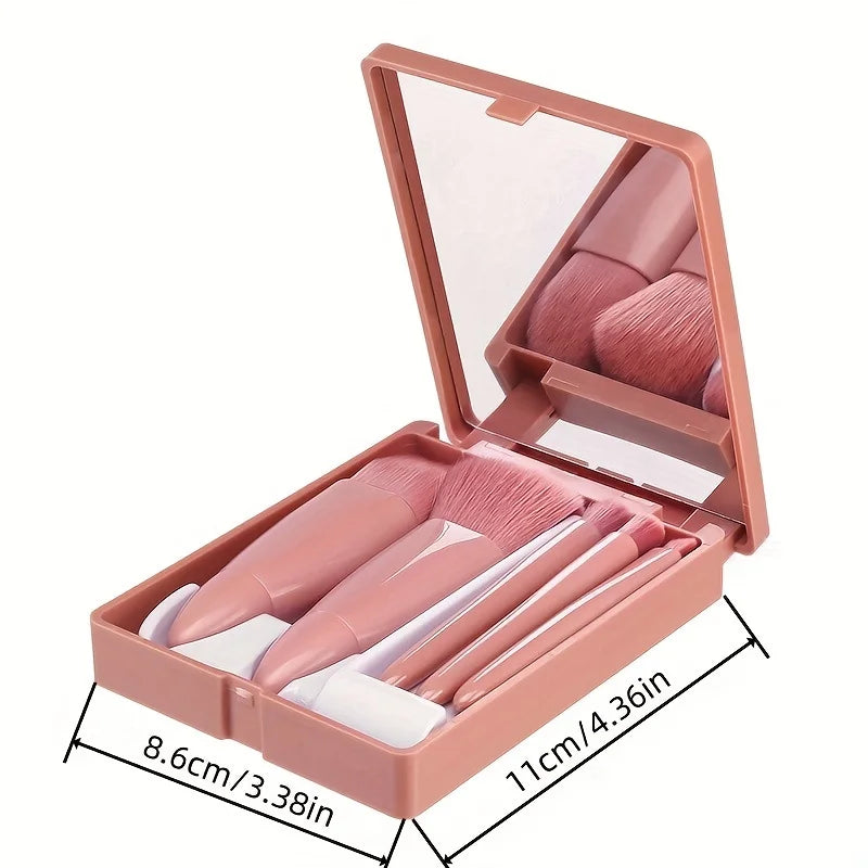 5-Piece Portable Makeup Brush Set with Mirror - Foldable Travel Kit