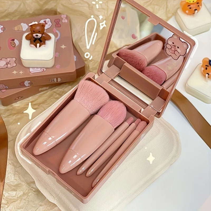 5-Piece Portable Makeup Brush Set with Mirror - Foldable Travel Kit