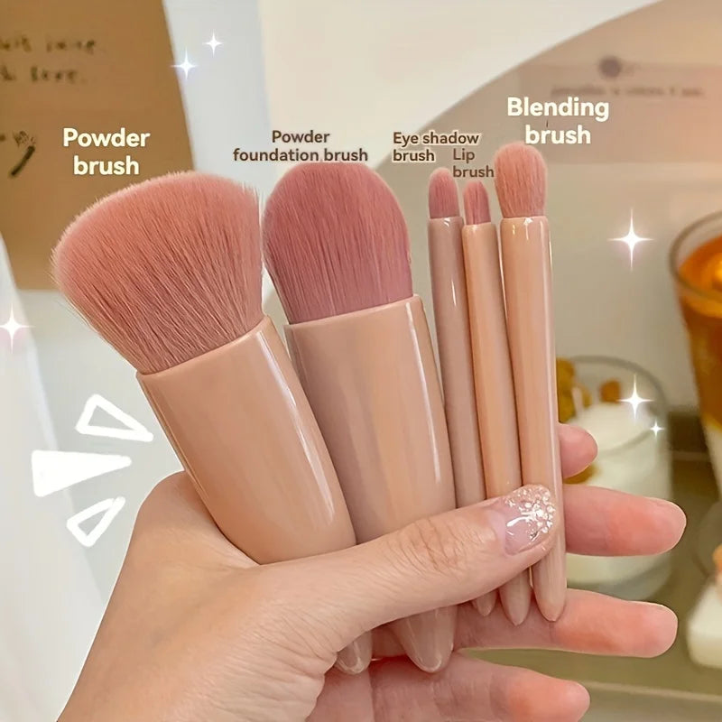 5-Piece Portable Makeup Brush Set with Mirror - Foldable Travel Kit
