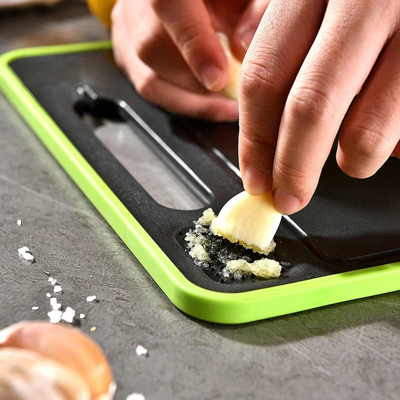 4-in-1 Double-Sided Cutting Board with Knife Sharpener & Garlic Grinder