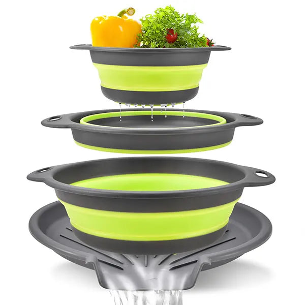 FlowDrain Collapsible Colander Set with Self-Draining Base