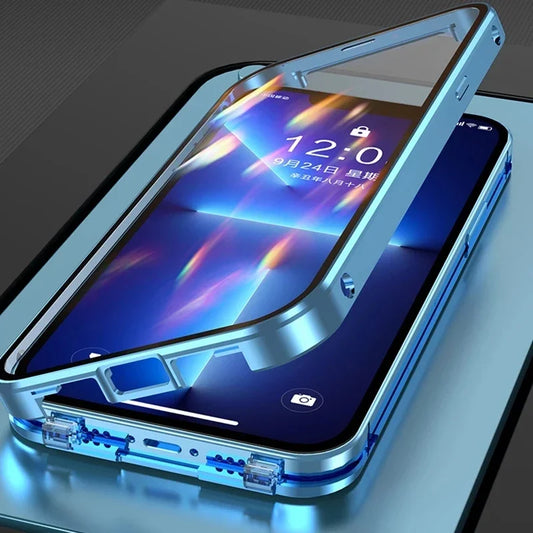 Smartphone with a reflective screen in a blue metallic case on a dark background