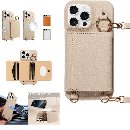 Beige phone case with multiple features and color options displayed.