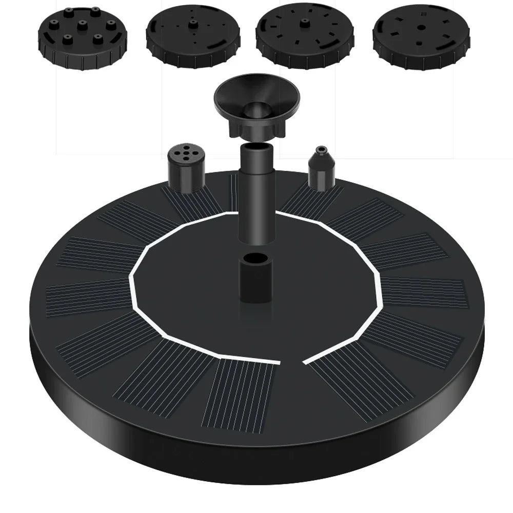Black circular solar panel with multiple attachments on a white background