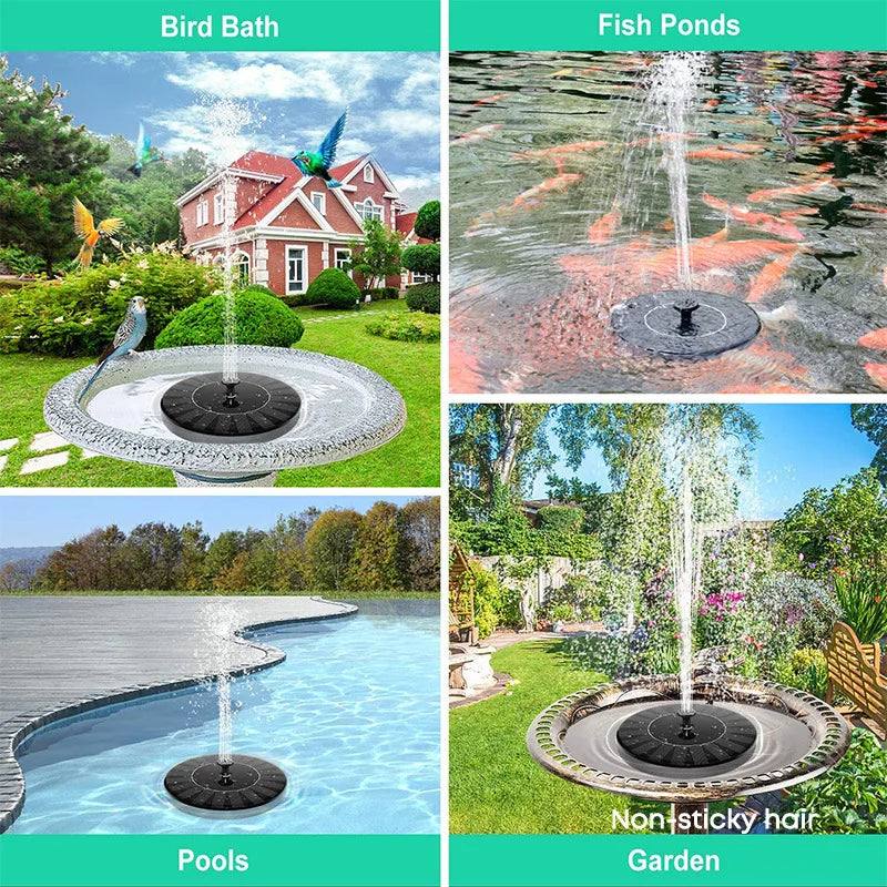 Collage of a solar water fountain in various outdoor settings including a garden, pool, and fish pond.