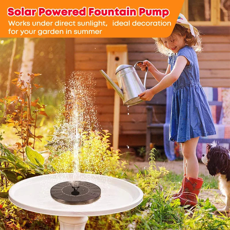 Solar-powered fountain pump in a garden with a child and dog, featuring text about solar power and garden use.