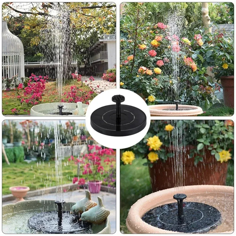 Solar water fountain pump in various garden settings with flowers and greenery.