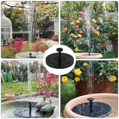 Solar water fountain pump in various garden settings with flowers and greenery.