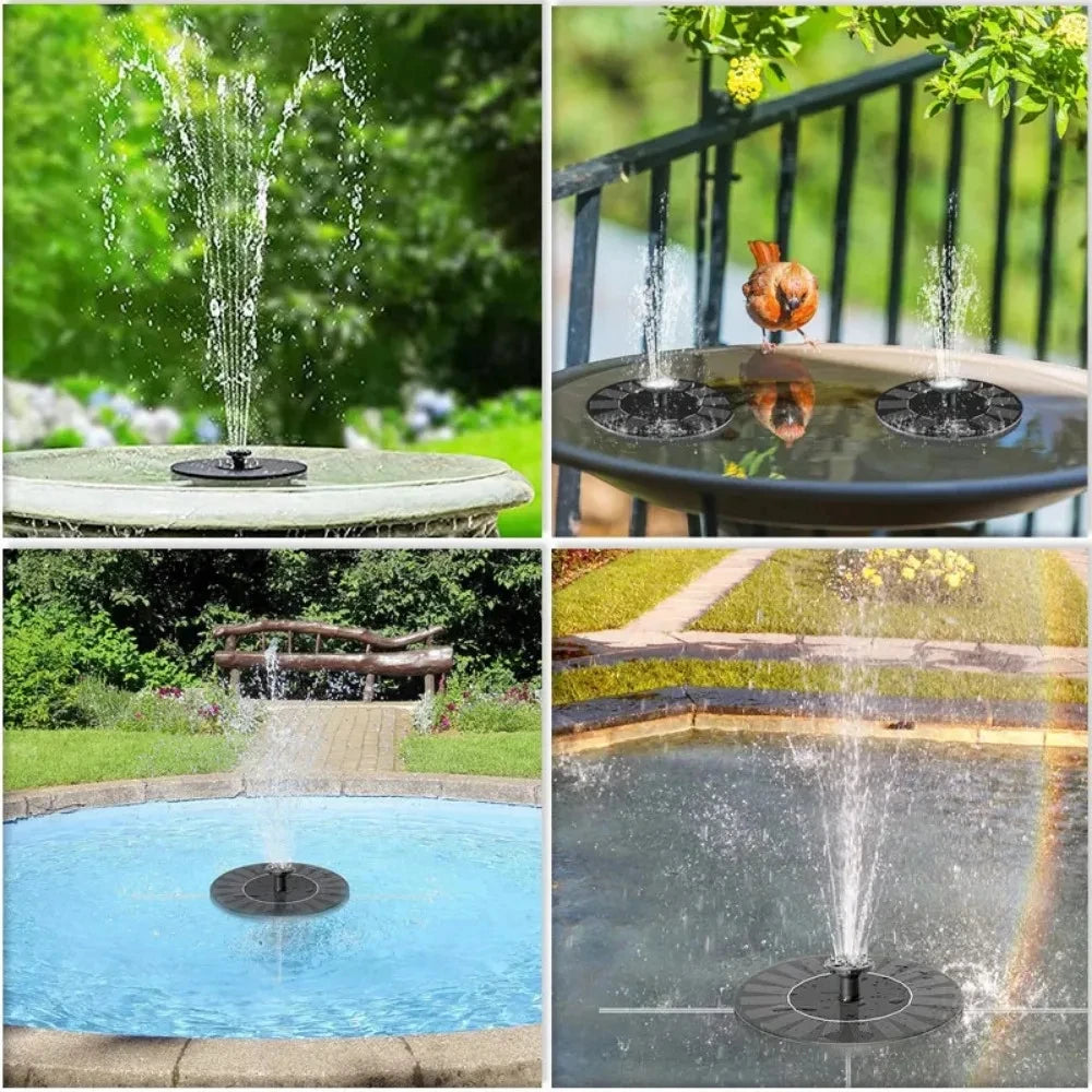 Solar water fountain in various outdoor settings including a garden, pool, and patio.