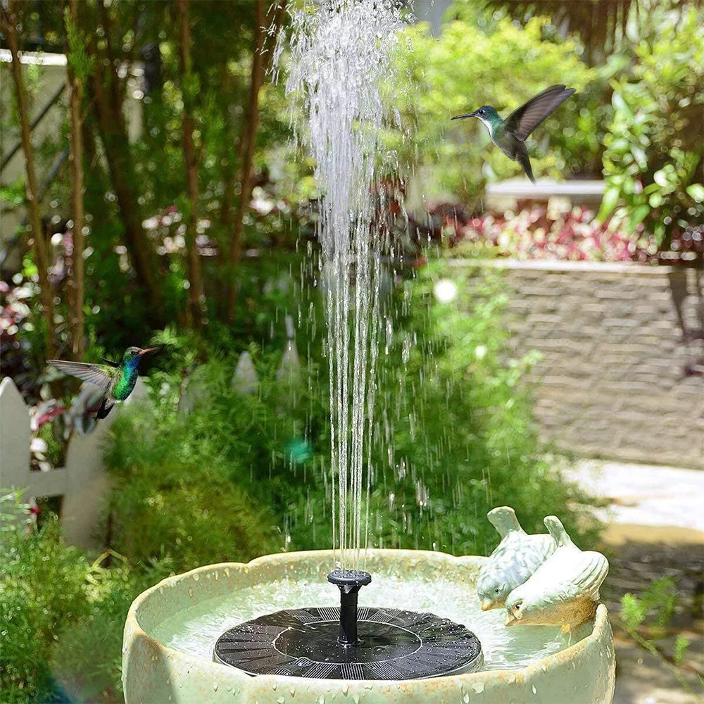 Small garden fountain with solar panel and two ceramic ducks, surrounded by greenery and hummingbirds.