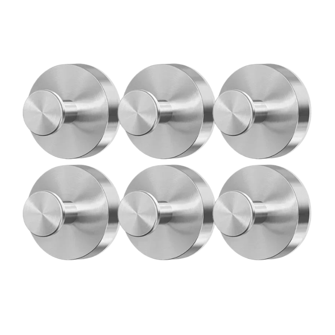 Six silver metallic round knobs on a white background