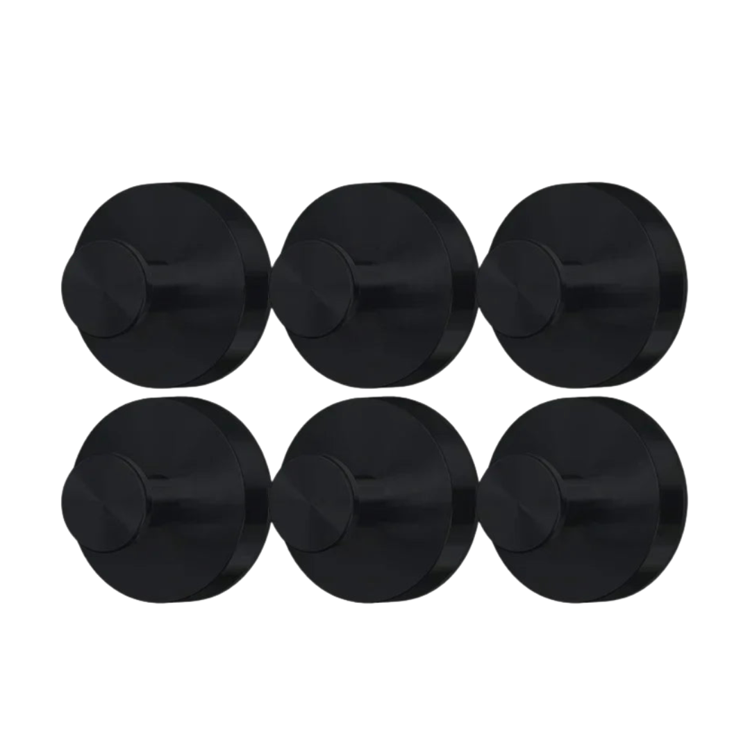 Six black circular objects on a white background