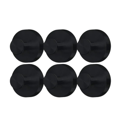 Six black circular objects on a white background