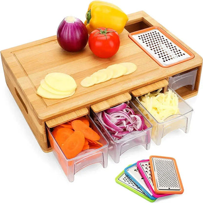 Multi-Functional Bamboo Cutting Board with Drawer and Kitchen Tool Set