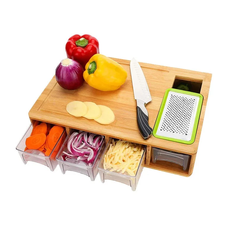 Multi-Functional Bamboo Cutting Board with Drawer and Kitchen Tool Set