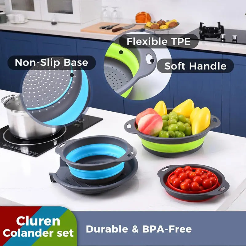 FlowDrain Collapsible Colander Set with Self-Draining Base