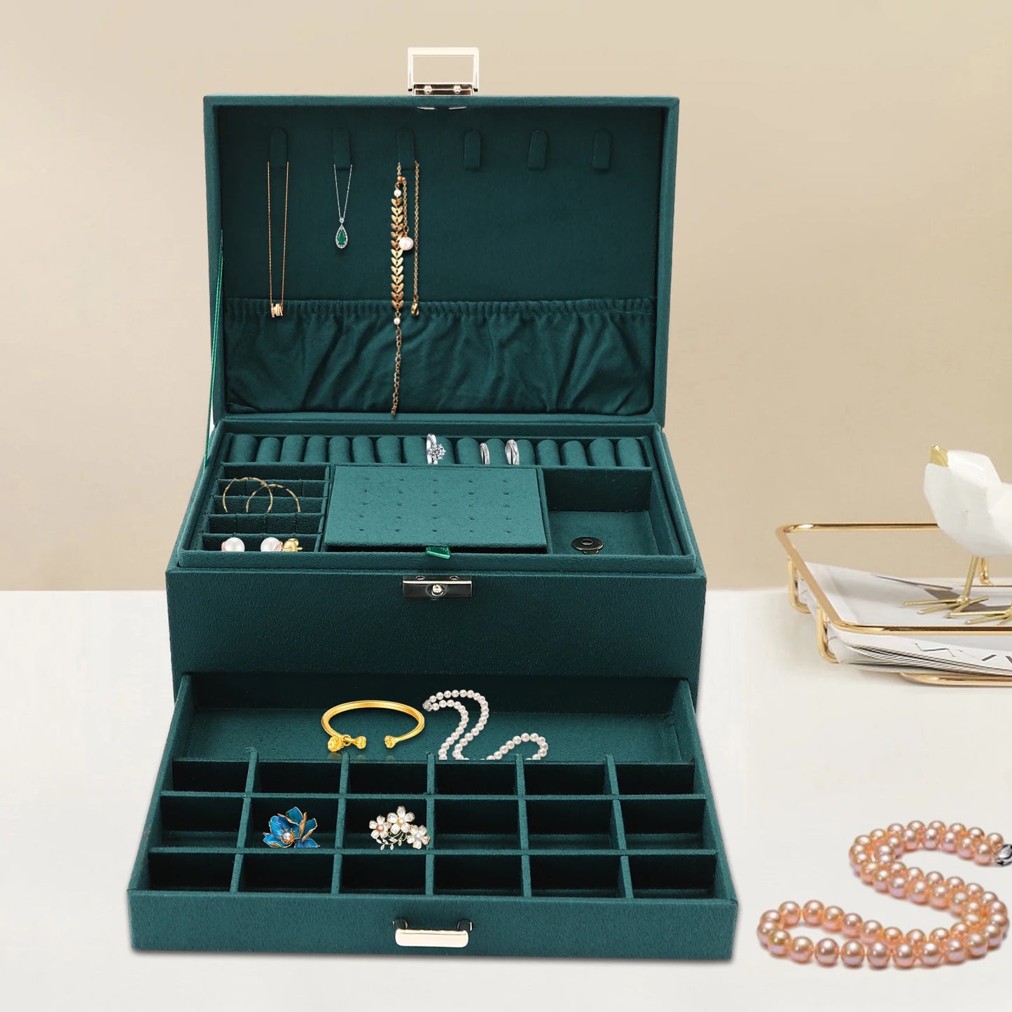 Emerald Luxe 3-Tier Jewelry Organizer Box