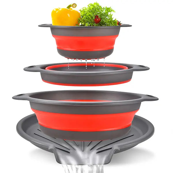 FlowDrain Collapsible Colander Set with Self-Draining Base