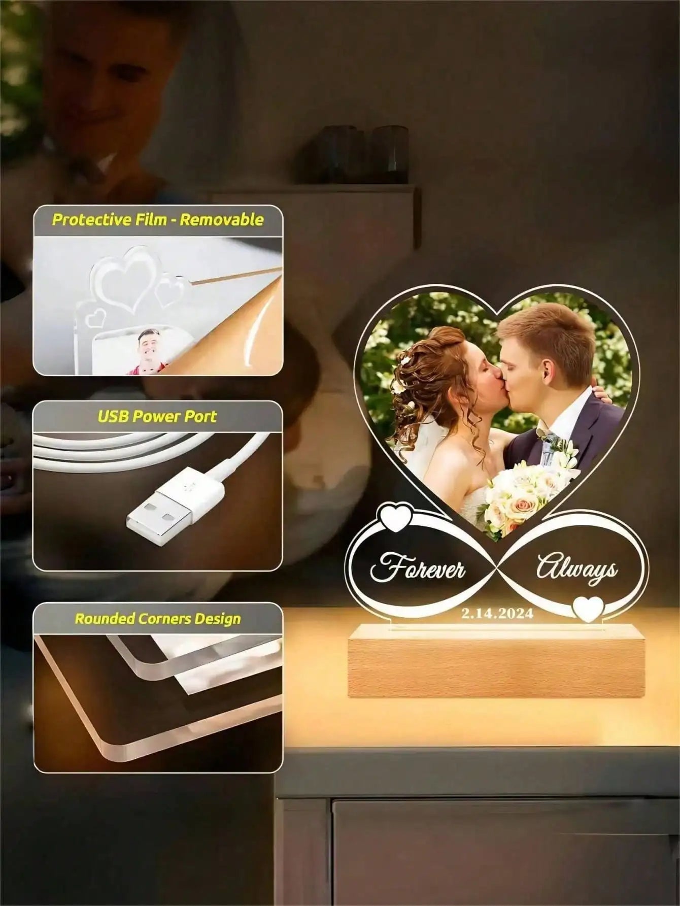 Personalized Acrylic Heart Photo Frame for Couples