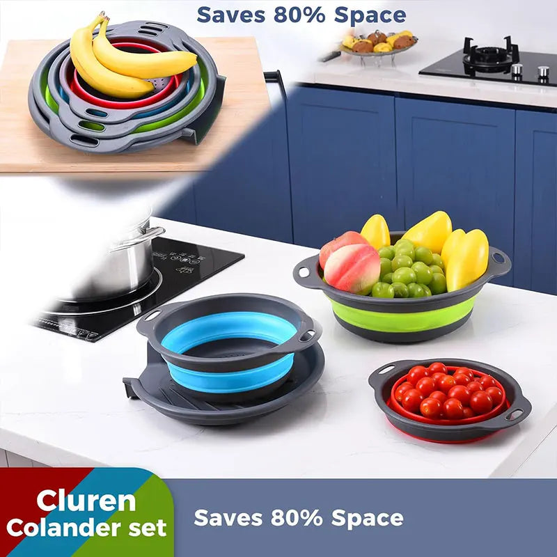 FlowDrain Collapsible Colander Set with Self-Draining Base