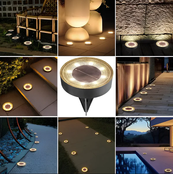 Collage of outdoor solar lights in various settings