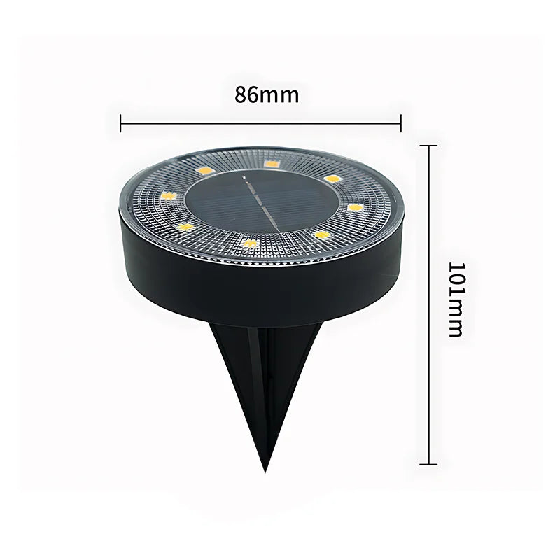 Black solar stake light with dimensions on a white background
