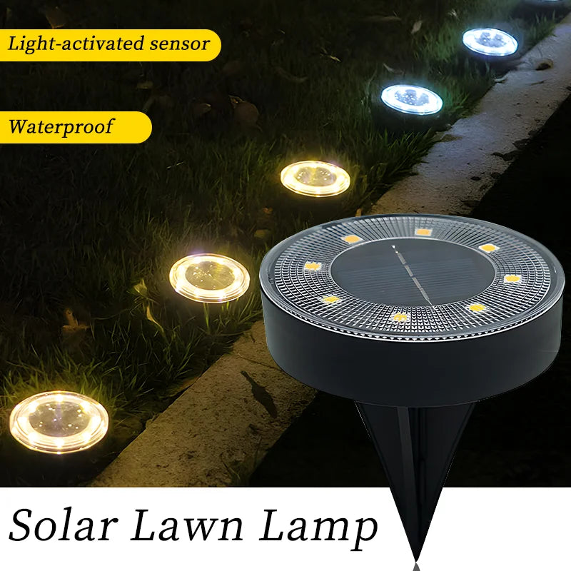 Solar lawn lamp with light-activated sensor and waterproof feature, placed on grass.